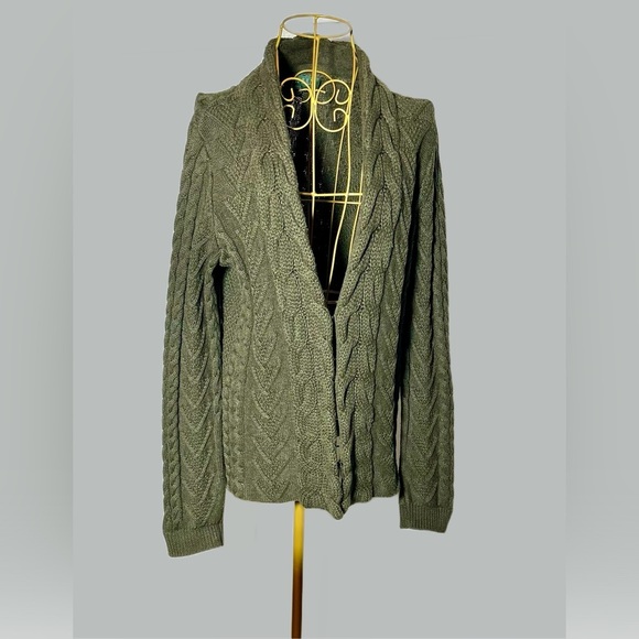 Lauren Ralph Lauren Cotton Cable Knit Green Cardigan with Hook & Eye Closure, M - Picture 2 of 9